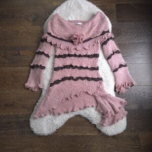 Vintage Zone Bleue Ballet Fairy Rosette Off-Shoulder Ruffle Sweater Tunic Top